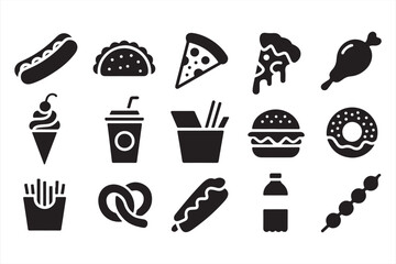 Minimalist Black Icons Featuring Pizza, Burger, Ice Cream, and More