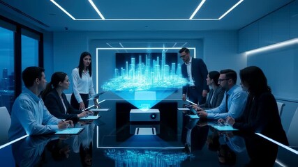 Business people, men and women, in meeting room observe city blueprint projection from tabletop projector for urban planning footage. - Powered by Adobe