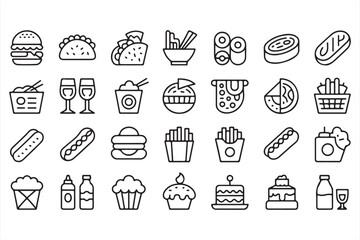 Vector Icons of Tacos, Pizza, Fries, and Drinks for Fast Food Menus

