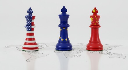 Naklejka premium Global power competition concept featuring chess pieces on world map