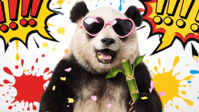 Playful panda wearing heart sunglasses and holding bamboo with cartoon splashes, great for fun designs and vibrant social media content