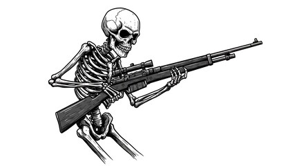 Grim Reaper's Aim: Monochrome Skeleton Sniper Illustration