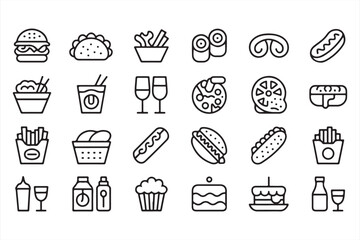 Vector Icons of Fast Food, Pizza, Drinks, and Desserts for Menus