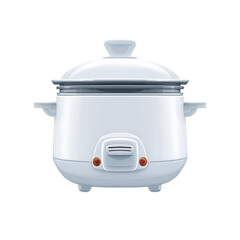 White rice cooker with handles and lid.