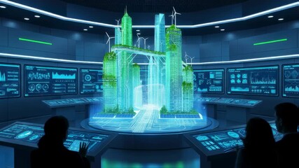 People monitoring an eco friendly city projection with wind turbines and solar panels in a high tech control room footage. - Powered by Adobe