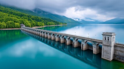 Fototapeta premium Long stone hydro dam stretching across turquoise reservoir with green forest and mountains under cloudy sky in peaceful nature, Generative AI