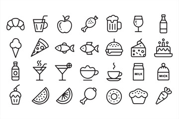 Vector Icons of Desserts, Beverages, and Fast Food for Design