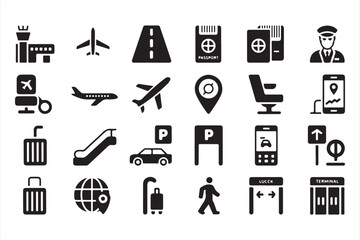  Collection of travel and transportation icons, including airport, plane, passport, parking, luggage, and more, for digital applications.