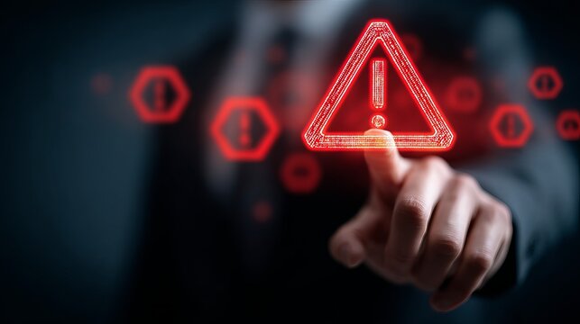 A businessman in a suit touches a glowing red warning symbol, symbolizing urgency in decision-making.
