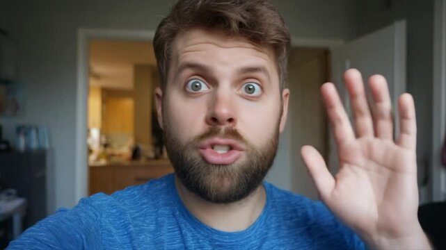 A man with brown hair and a beard is taking a selfie in his home office