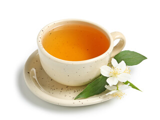 Cup of hot jasmine tea with flowers on white background
