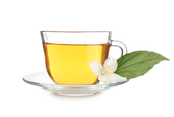 Glass cup of hot jasmine tea with flower on white background