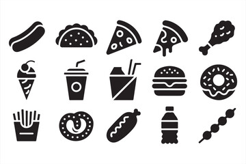 Collection of black and white food icons, featuring drinks, burgers, pizza, fries, ice cream, and snacks for digital design