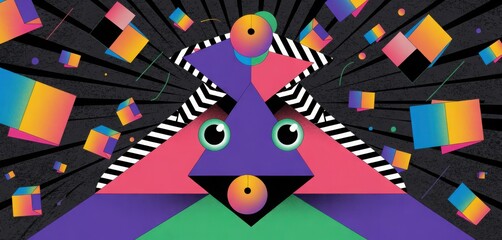 Surreal psychedelic geometric portrait with floating cubes