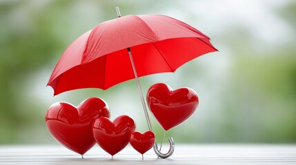 Multiple red hearts protected under red umbrella in outdoor setting representing symbolic emotional shelter and romantic love protection, Generative AI