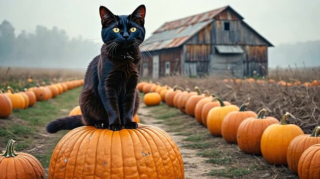 A black cat sitting majestically on a pumpkin in a foggy pumpkin patch with a rustic barn