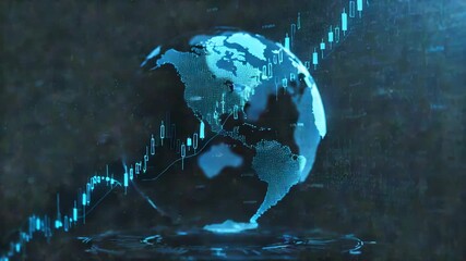 A digital globe is surrounded by stock market charts and graphs showing global financial trends and economic data - Powered by Adobe