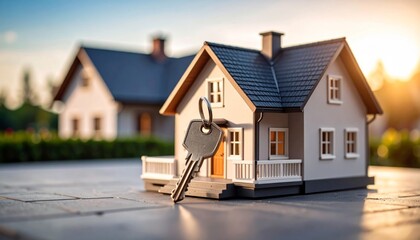 Golden Hour Home Key Real Estate Concept, Miniature House, Key Image, Shallow Depth of Field Real Estate, Homeownership