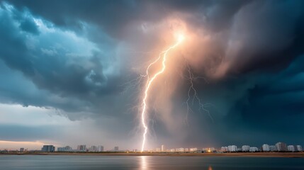 Obraz premium Heavy storm cloud raining over reflective urban city skyline viewed from waterfront highlighting environmental impact and extreme weather, Generative AI