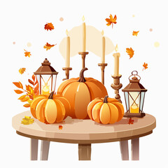 Table with pumpkin lanterns, candles, and autumn decorations, warm indoor lighting