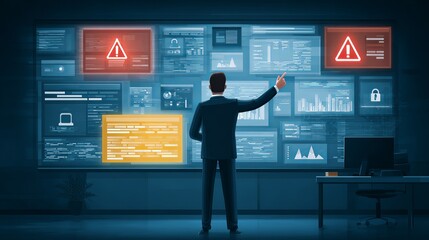 A businessman interacts with a high-tech display, analyzing data and alerts in a modern office setting.