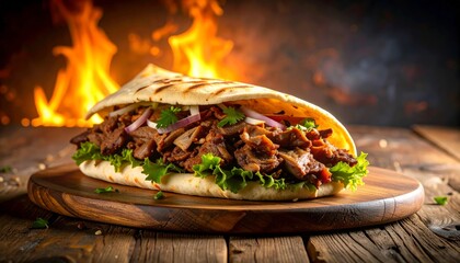 Grilled Lamb Kebab Wrap Fire-Roasted Meat, Flatbread and Fresh Veggies, Food Photography Kebab, Wrap