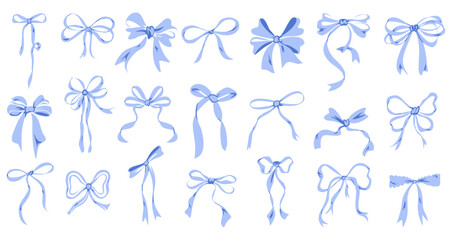 Collection of Light Blue Ribbon Bows Hand Drawn Illustrations