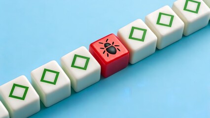 Obraz premium Bug detection in software system. Highlighted red cube among uniform blocks shows vulnerability in digital process, symbolizing cybersecurity threats, quality assurance, and system debugging