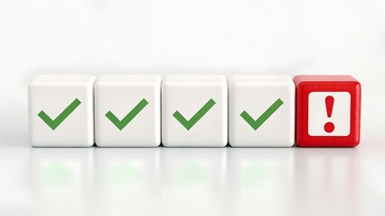 Obraz premium Check marks and warning sign on cubes in a row, concept of quality control and error detection, risk management alert, audit checklist, performance review and accuracy validation in operations