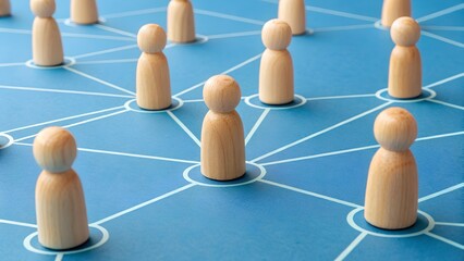 Wooden figurines arranged within a digital-blue network of interconnected circles and lines — visually representing organizational connectivity and the architecture of collaborative ecosystems