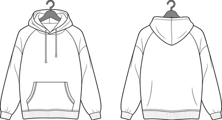 Oversized hoodie front and back view, fashion sweatshirt drawing, hanging hoodie template, ribbed hem, casual wear sketch
