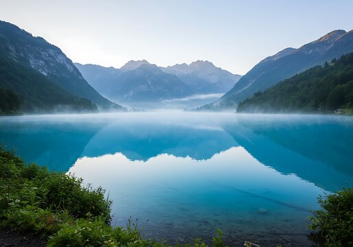 Serene Mountain Lake: Misty Dawn Reflection