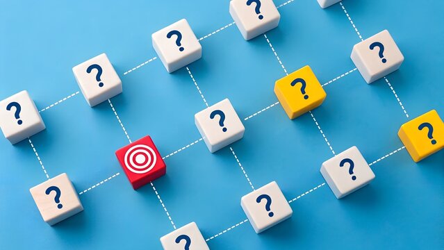 Target board with question marks in abstract blue background, symbolizing uncertainty and strategic goal-setting in fintech. Depicts business decision-making, innovation pressure, and rise 