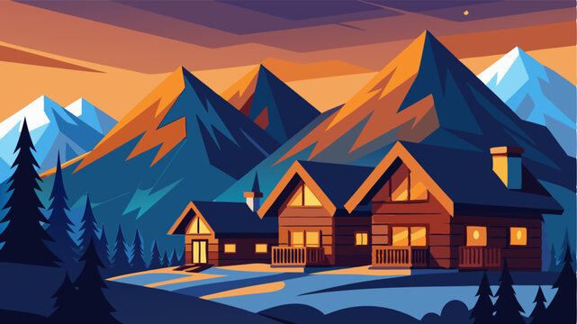 Quaint and charming the mountain chalets wooden exterior reflects the warm glow of the setting sun against the snowy peaks.