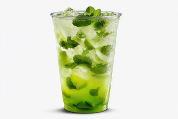 Iced Mint Lime Drink, Refreshing Summer Beverage, Studio Shot, White Background, Menu Photo