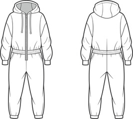 Stylish hooded jumpsuit front and back view, vector fashion flat sketch, elastic waistband, cuffed sleeve, cozy wear