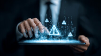 A businessman interacts with a holographic warning symbol on a digital tablet, highlighting cybersecurity concerns.