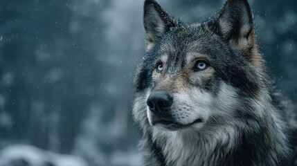 Fototapeta premium Close-Up Portrait of Wolf in Snowy Background with Dark Cinematic Mood and Black Gray Tones and Bokeh Effect
