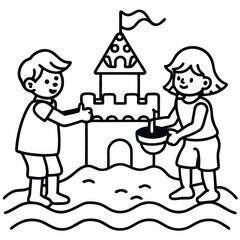 A beautifully detailed black and white line art vector showing two children collaborating on an intricate sandcastle. This illustration captures teamwork and creativity, making it ideal for storybooks