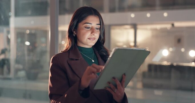 Tablet, research and businesswoman in office at night for email on stock market analysis. Digital technology, contact and financial manager with online investment report for deadline in workplace.