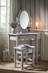 Elegant vanity with an oval mirror and stool, bathed in soft natural light