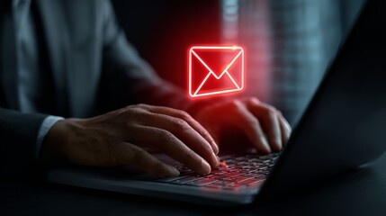 A male professional typing on a laptop with a glowing email icon above, symbolizing digital communication and modern technology.