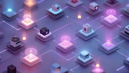 Smart home network devices interconnected, glowing, futuristic background. Use technology illustration