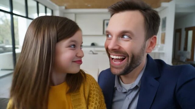 A young girl and her father making silly duck faces