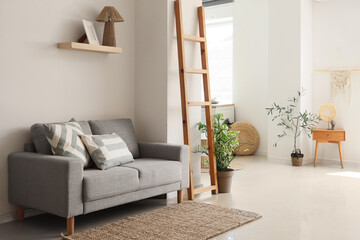 Comfortable sofa, stepladder and houseplants in interior of living room