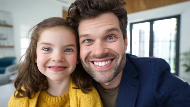 A young girl and her father making silly duck faces