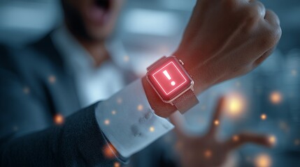 A surprised Black male professional reacting to an alert on his smartwatch, showcasing modern technology and a dynamic business setting.