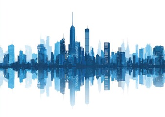 Blue Cityscape Skyline Reflection, Urban Scene,  Modern City, Background, Website Banner
