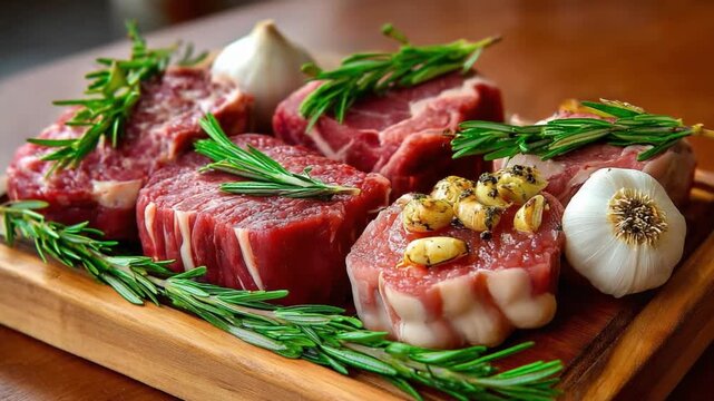 Meat Culinary Delight: A close-up shot showcases meticulously prepared cuts of raw meat, artfully adorned with fresh herbs and garlic on a wooden cutting board.