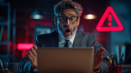 Surprised middle-aged Caucasian man in business attire reacting to shocking news on laptop in a dimly lit office.